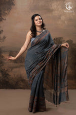 Ushraa - Indigo Ajrakh Hand Block Printed Saree With Muted Zari Border-RUTAMBHARA-RUTAMBHARA