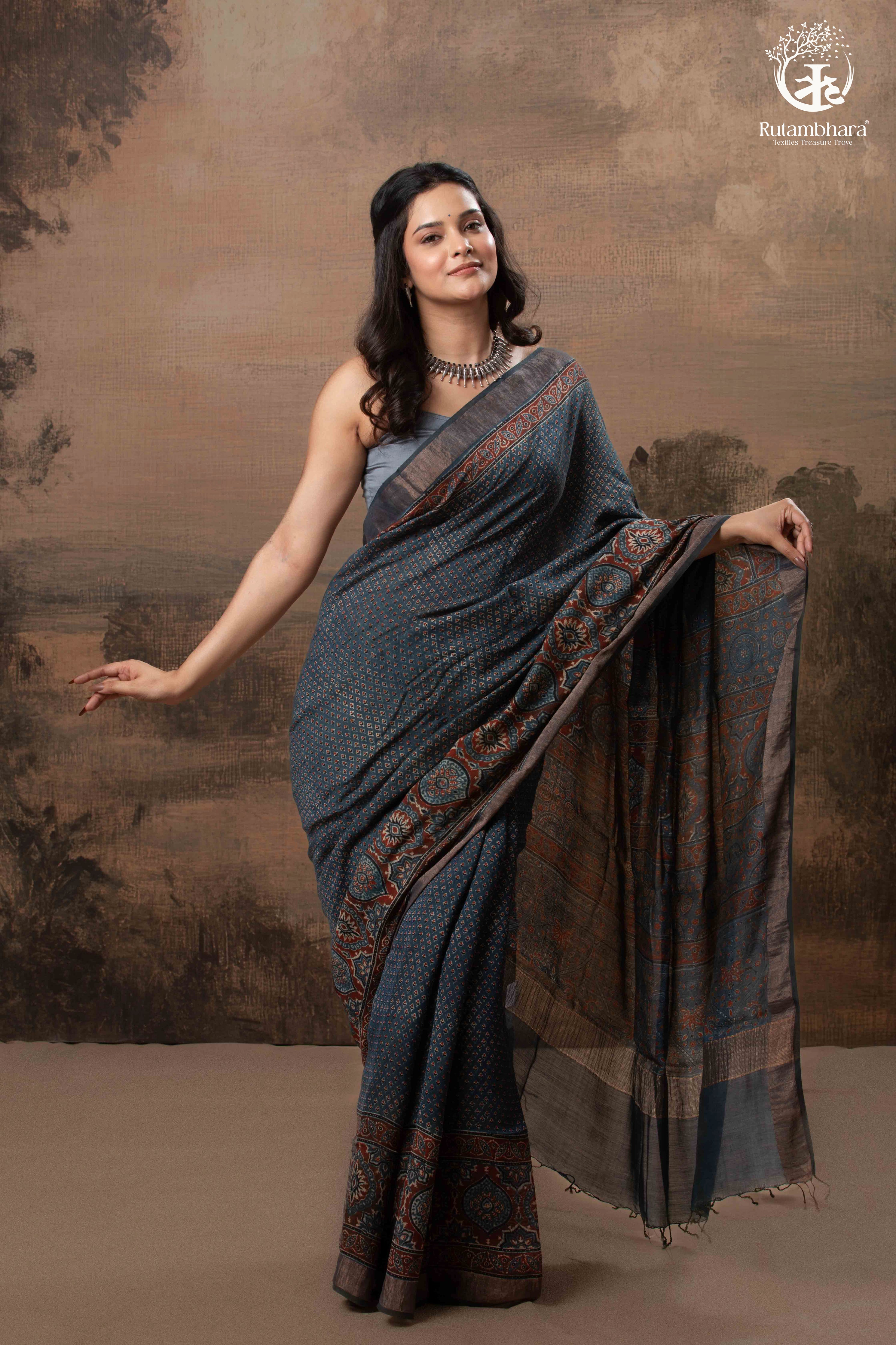 Ushraa - Indigo Ajrakh Hand Block Printed Saree With Muted Zari Border