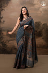 Ushraa - Indigo Ajrakh Hand Block Printed Saree With Muted Zari Border