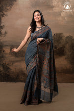 Ushraa - Indigo Ajrakh Hand Block Printed Saree With Muted Zari Border-RUTAMBHARA-RUTAMBHARA