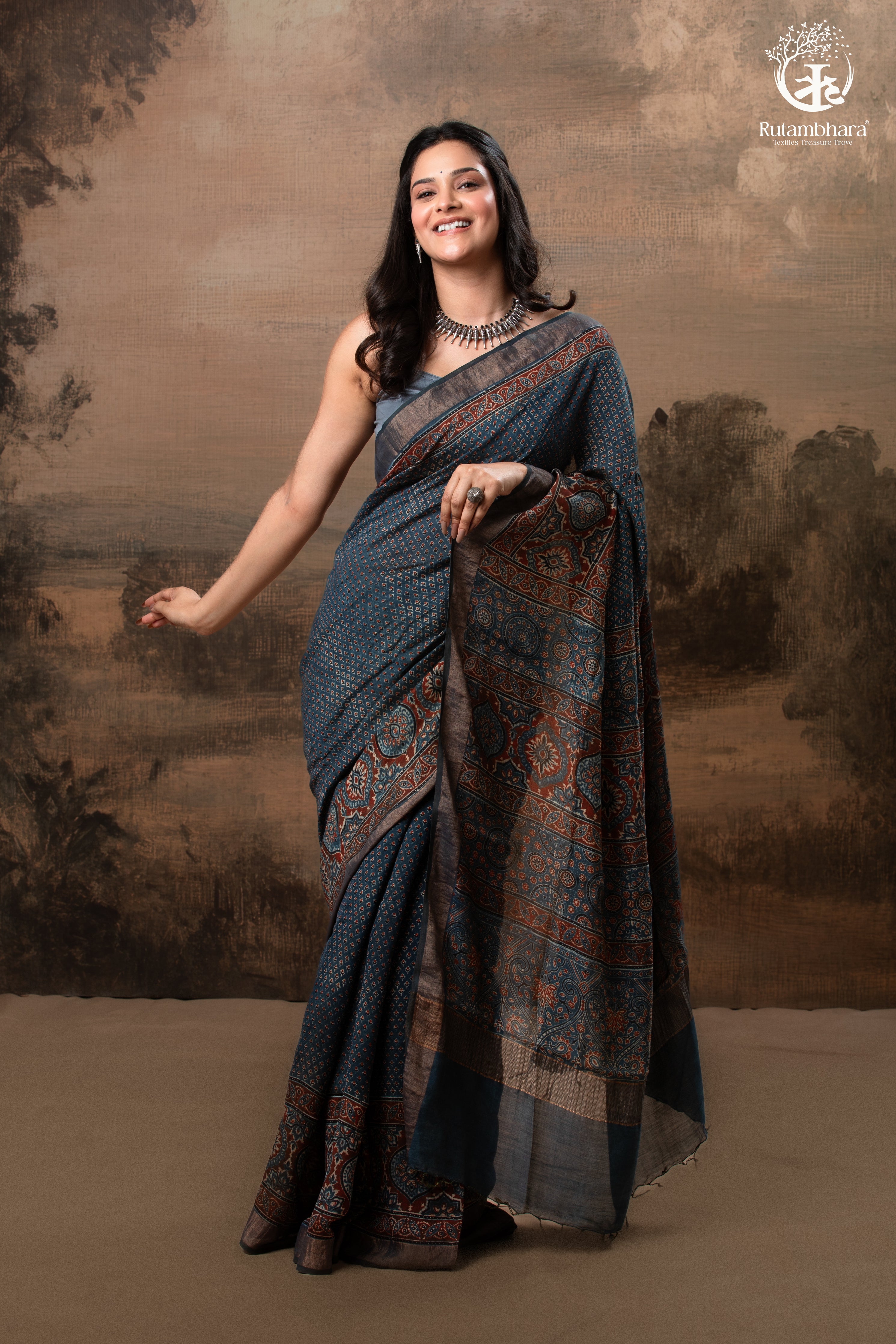 Ushraa - Indigo Ajrakh Hand Block Printed Saree With Muted Zari Border