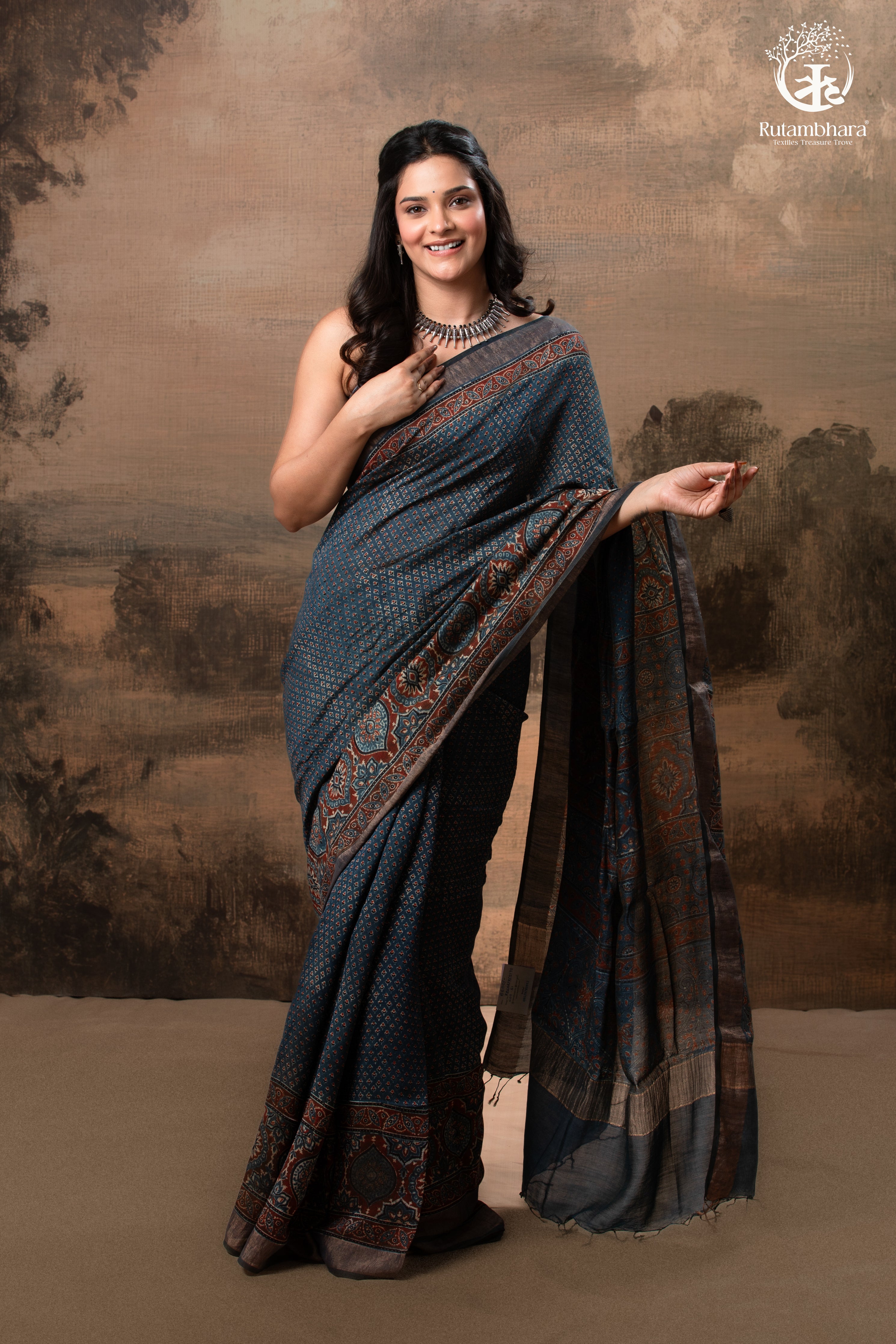 Ushraa - Indigo Ajrakh Hand Block Printed Saree With Muted Zari Border