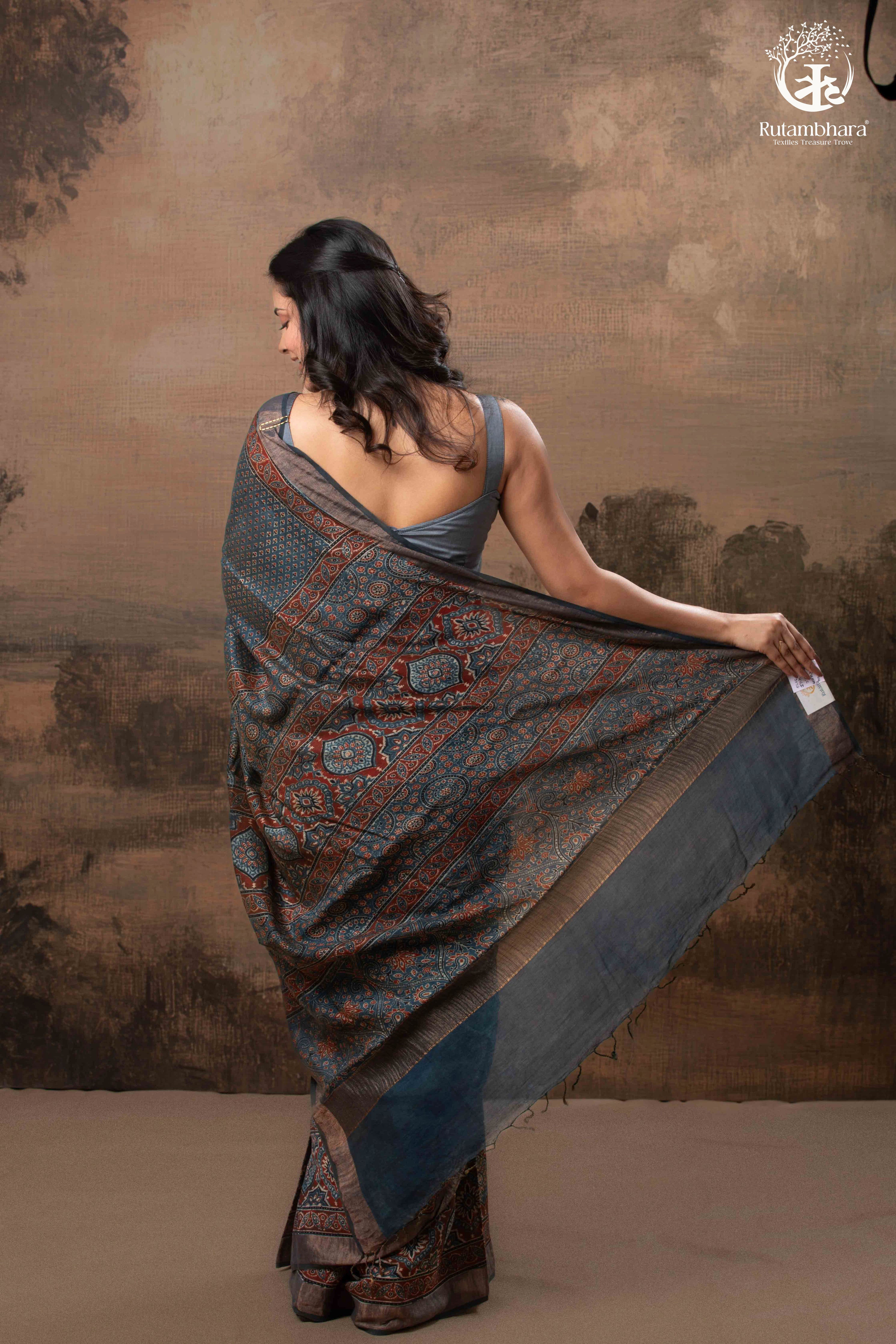 Ushraa - Indigo Ajrakh Hand Block Printed Saree With Muted Zari Border