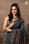 Ushraa - Indigo Ajrakh Hand Block Printed Saree With Muted Zari Border