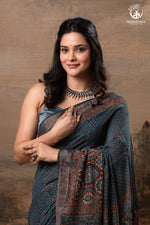 Ushraa - Indigo Ajrakh Hand Block Printed Saree With Muted Zari Border-RUTAMBHARA-RUTAMBHARA