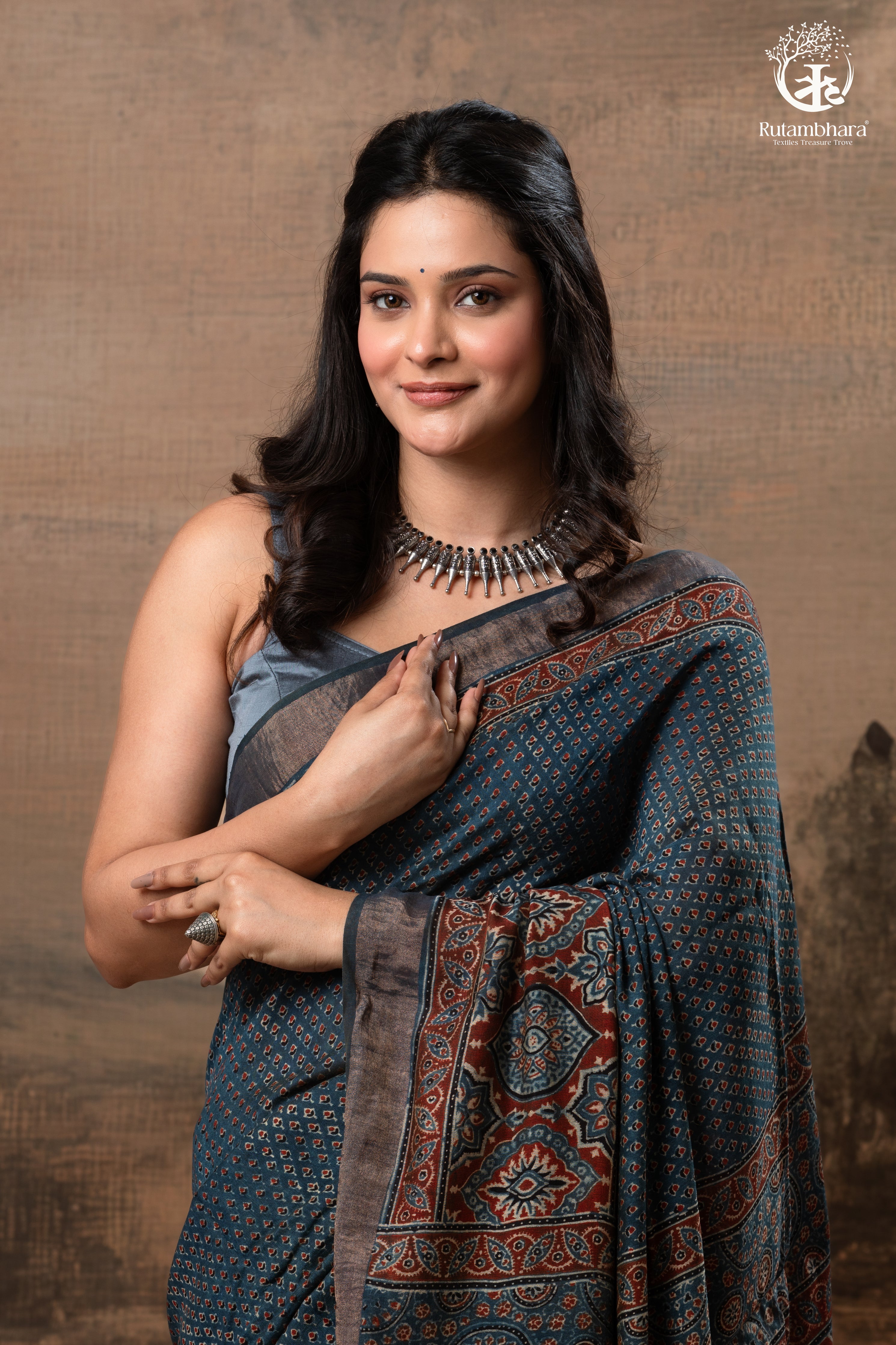 Ushraa - Indigo Ajrakh Hand Block Printed Saree With Muted Zari Border
