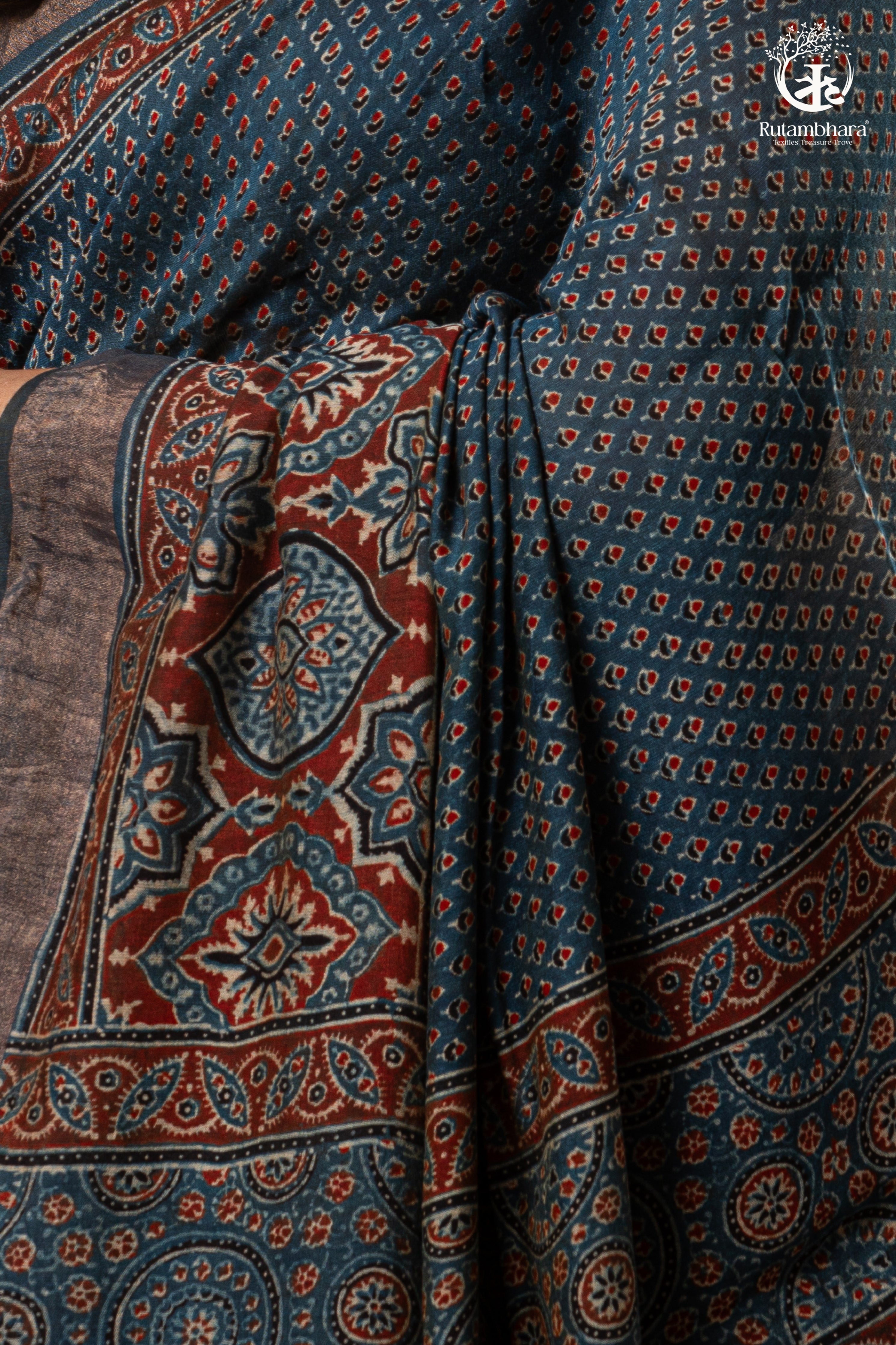 Ushraa - Indigo Ajrakh Hand Block Printed Saree With Muted Zari Border