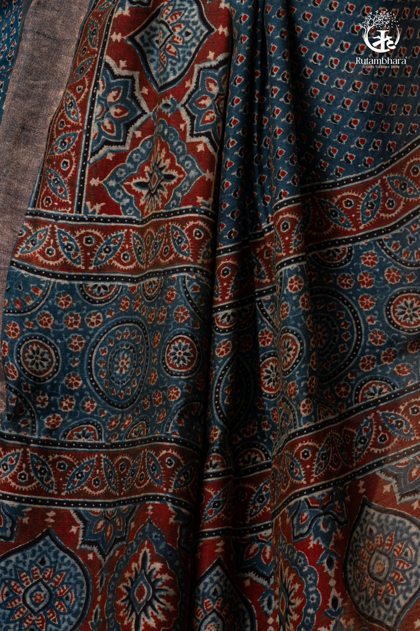 Ushraa - Indigo Ajrakh Hand Block Printed Saree With Muted Zari Border