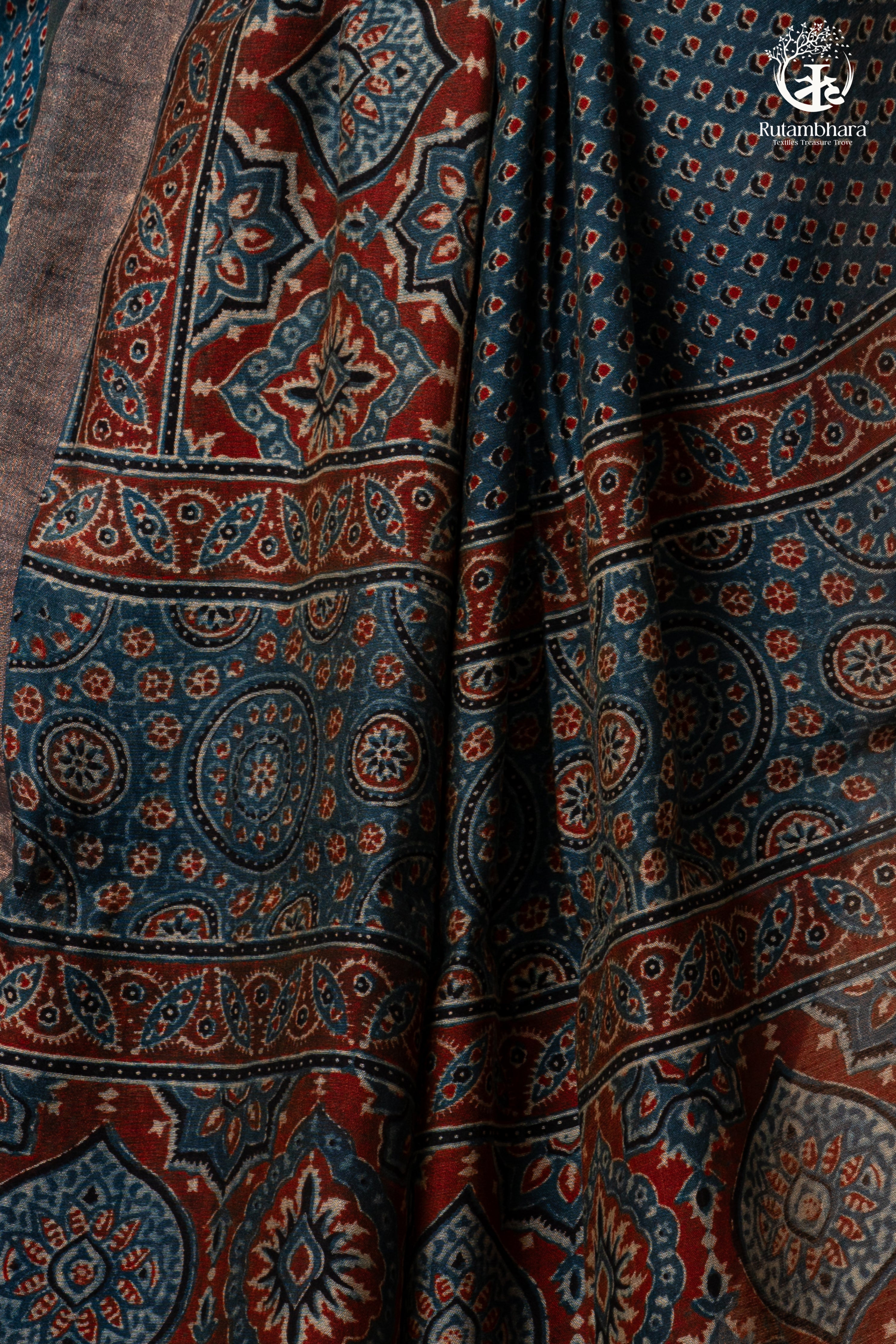 Ushraa - Indigo Ajrakh Hand Block Printed Saree With Muted Zari Border