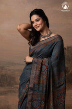Ushraa - Indigo Ajrakh Hand Block Printed Saree With Muted Zari Border-RUTAMBHARA-RUTAMBHARA