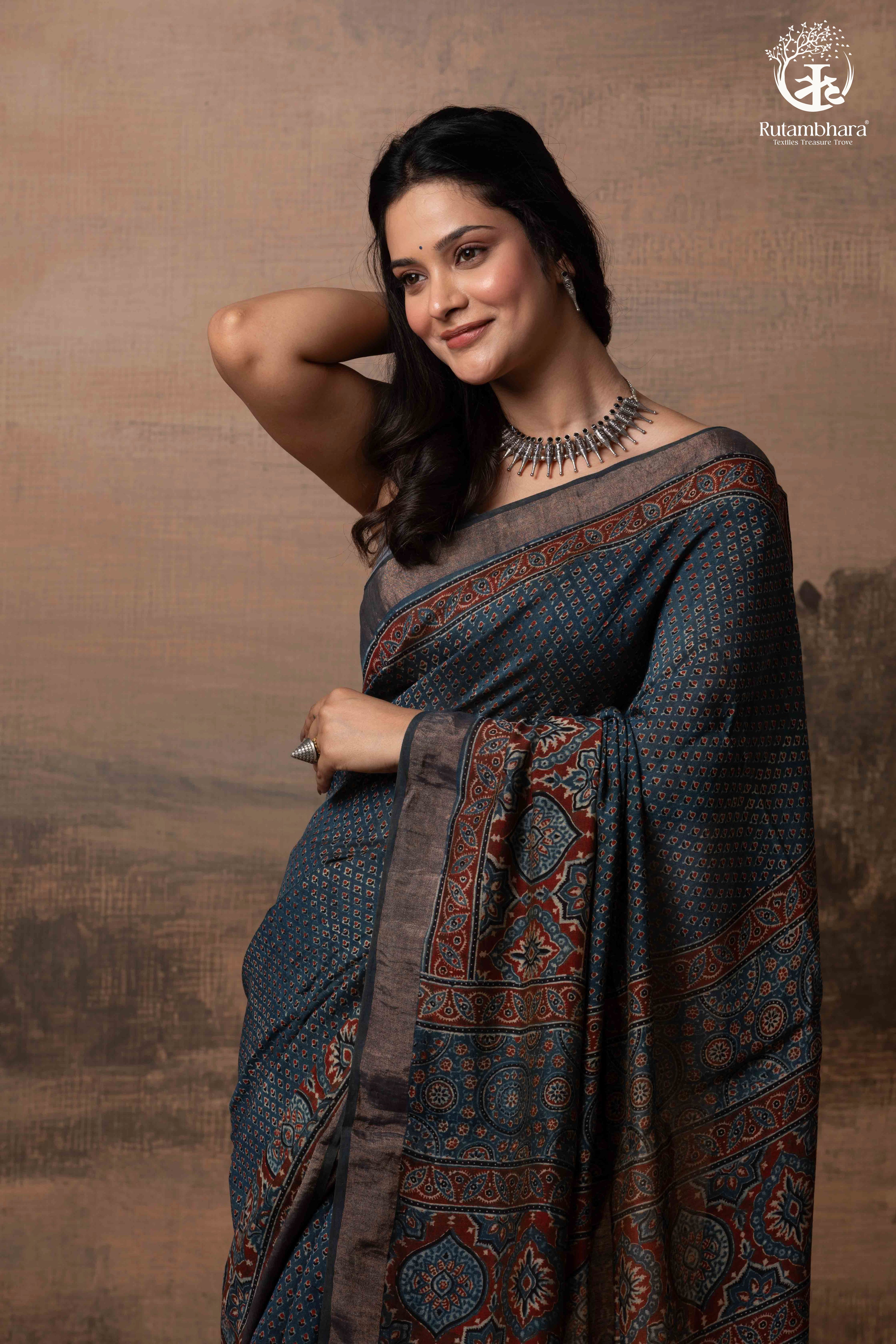 Ushraa - Indigo Ajrakh Hand Block Printed Saree With Muted Zari Border