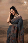 Ushraa - Indigo Ajrakh Hand Block Printed Saree With Muted Zari Border