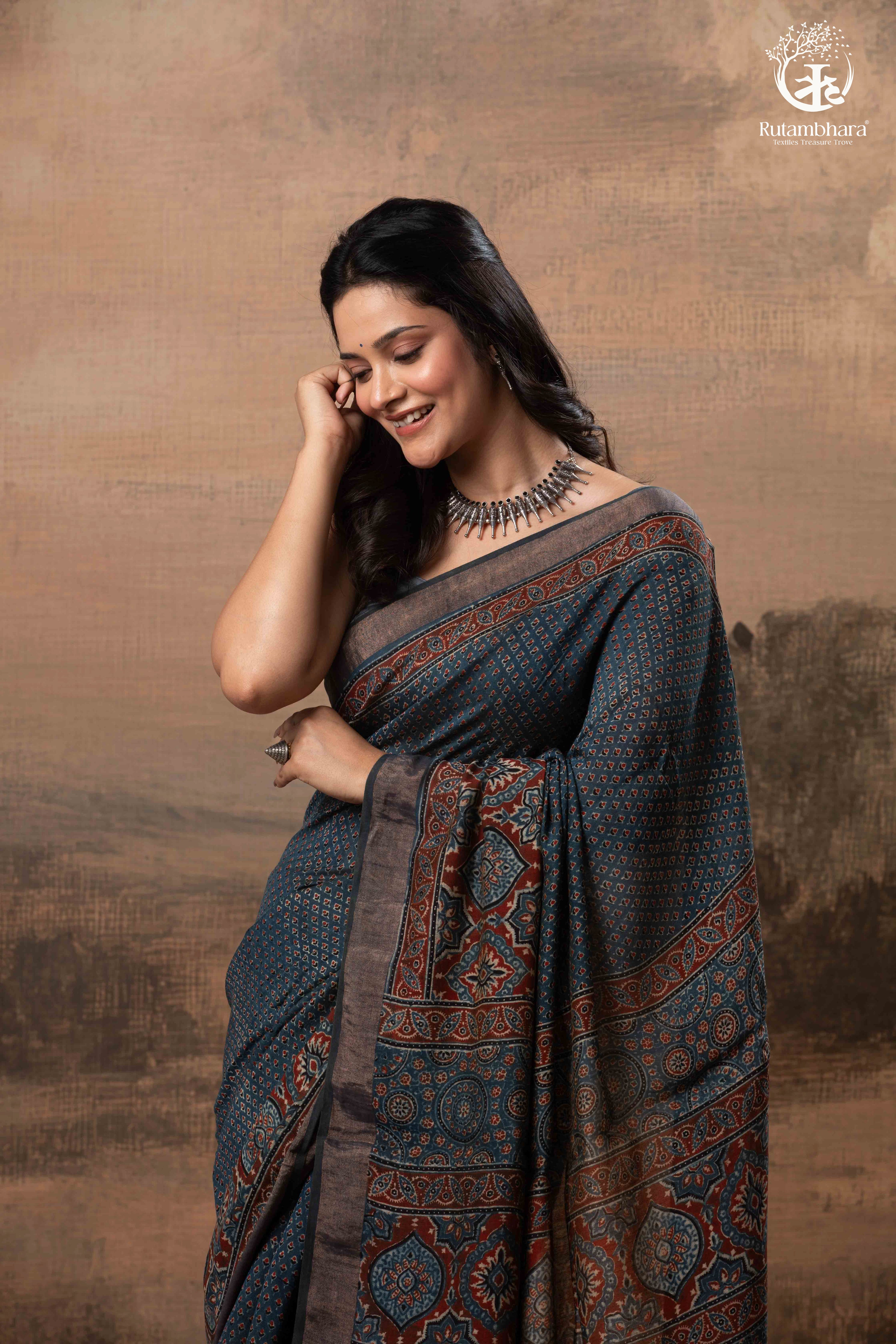 Ushraa - Indigo Ajrakh Hand Block Printed Saree With Muted Zari Border