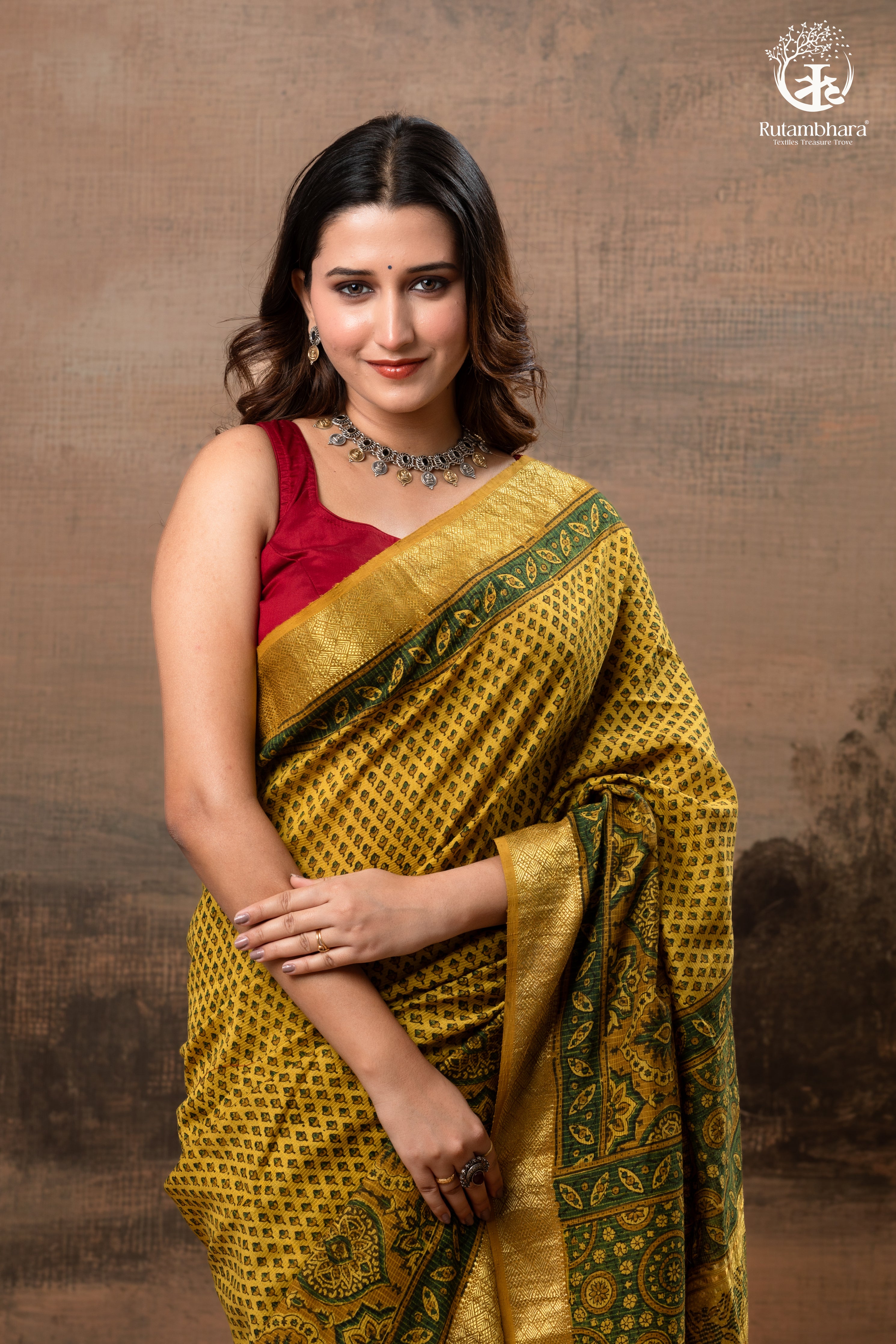 Ushraa - Mustard Gold Green Ajrakh HandBlock  Golden Zari Border Saree