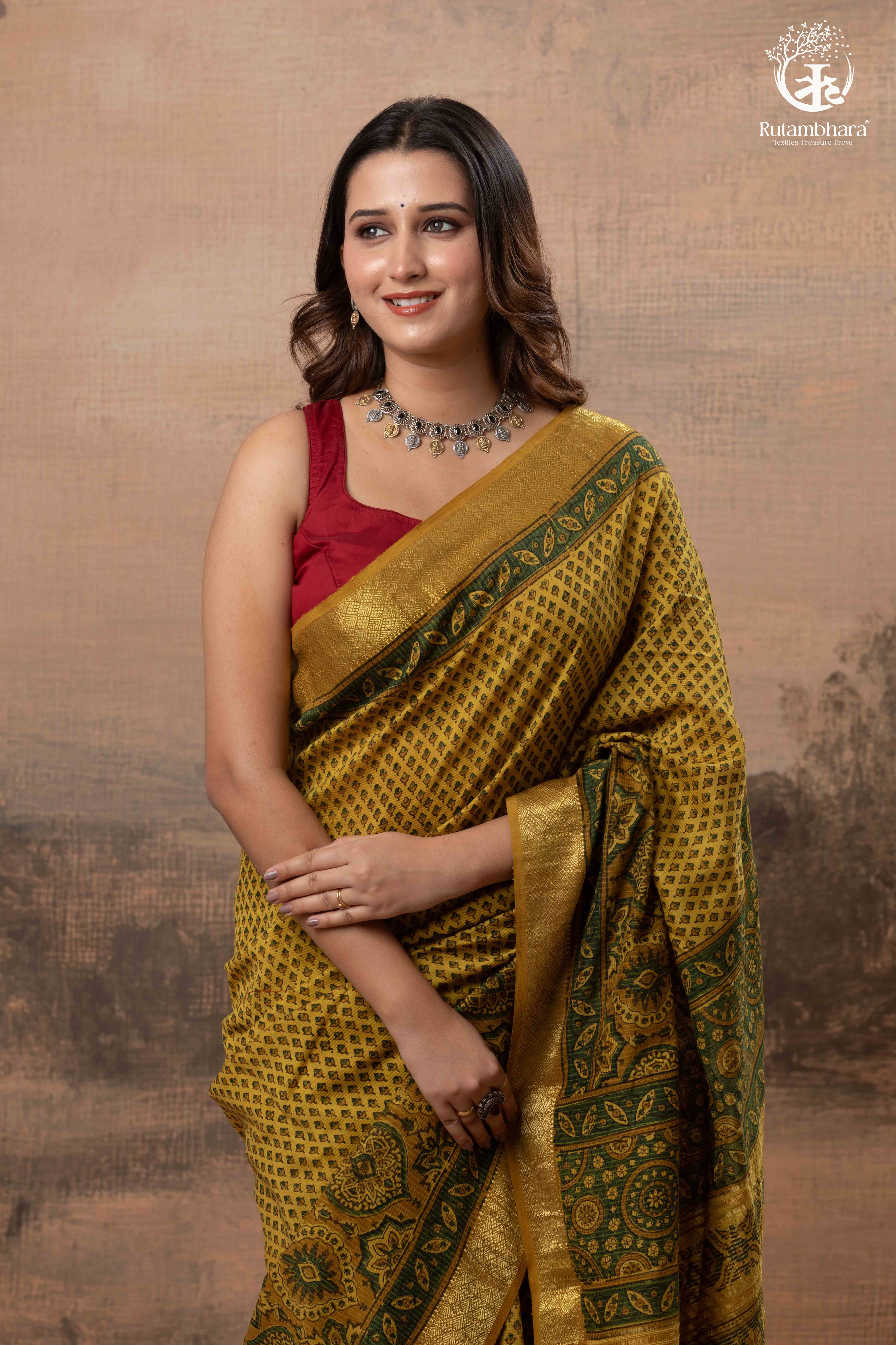 Ushraa - Mustard Gold Green Ajrakh HandBlock  Golden Zari Border Saree