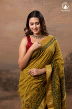 Ushraa - Mustard Gold Green Ajrakh HandBlock Golden Zari Border Saree-RUTAMBHARA-RUTAMBHARA