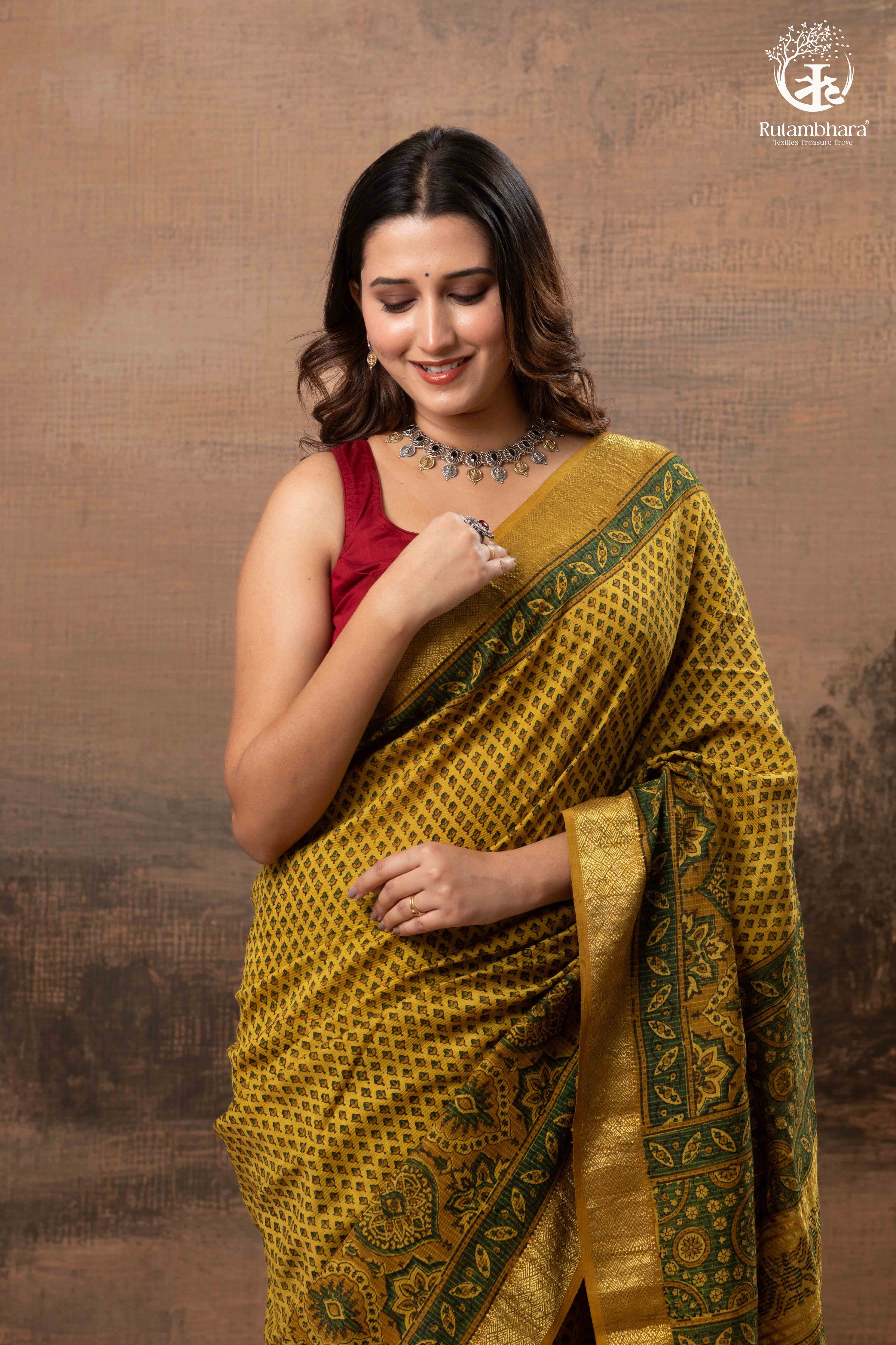 Ushraa - Mustard Gold Green Ajrakh HandBlock  Golden Zari Border Saree