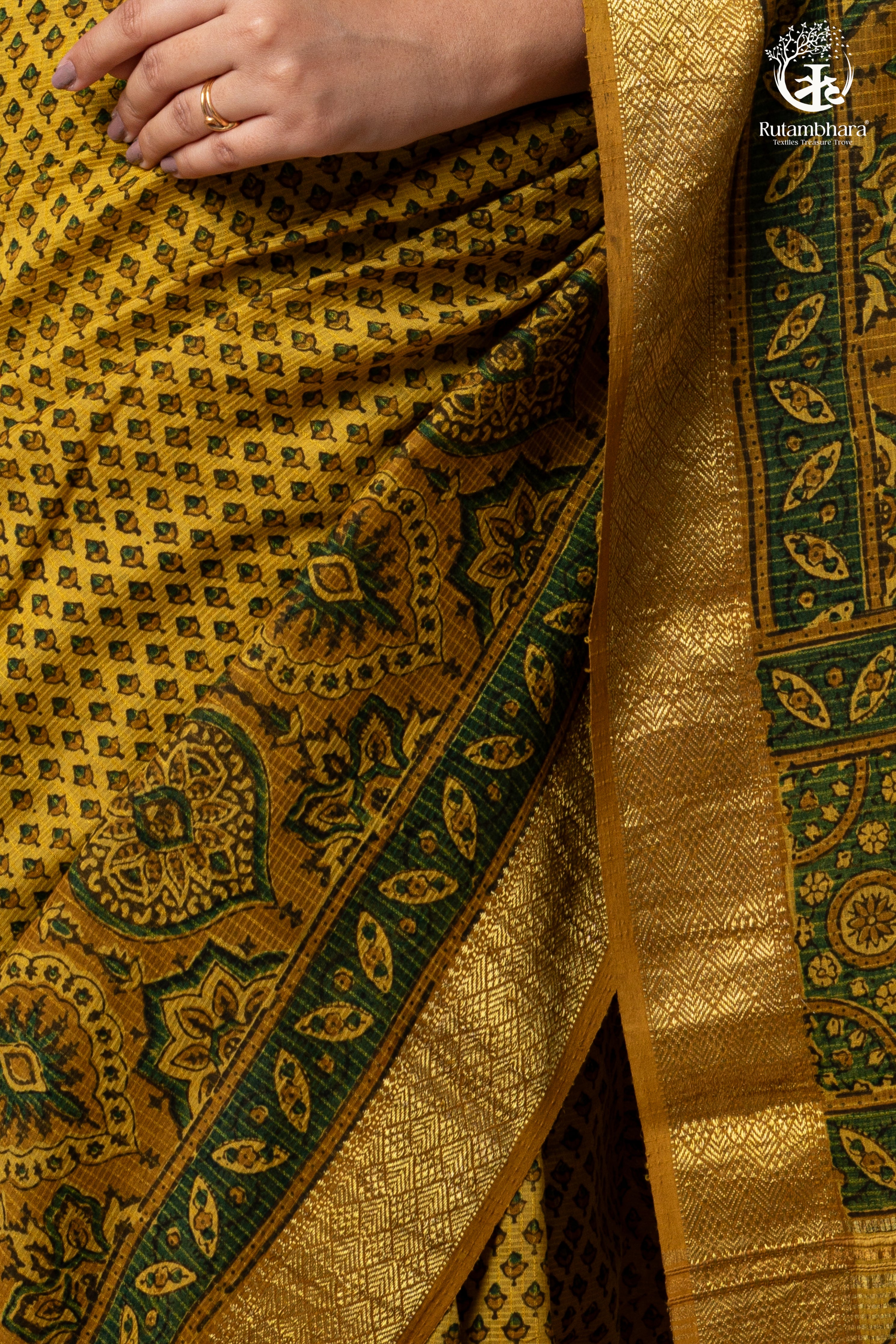 Ushraa - Mustard Gold Green Ajrakh HandBlock  Golden Zari Border Saree