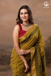 Ushraa - Mustard Gold Green Ajrakh HandBlock  Golden Zari Border Saree
