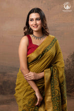 Ushraa - Mustard Gold Green Ajrakh HandBlock Golden Zari Border Saree-RUTAMBHARA-RUTAMBHARA