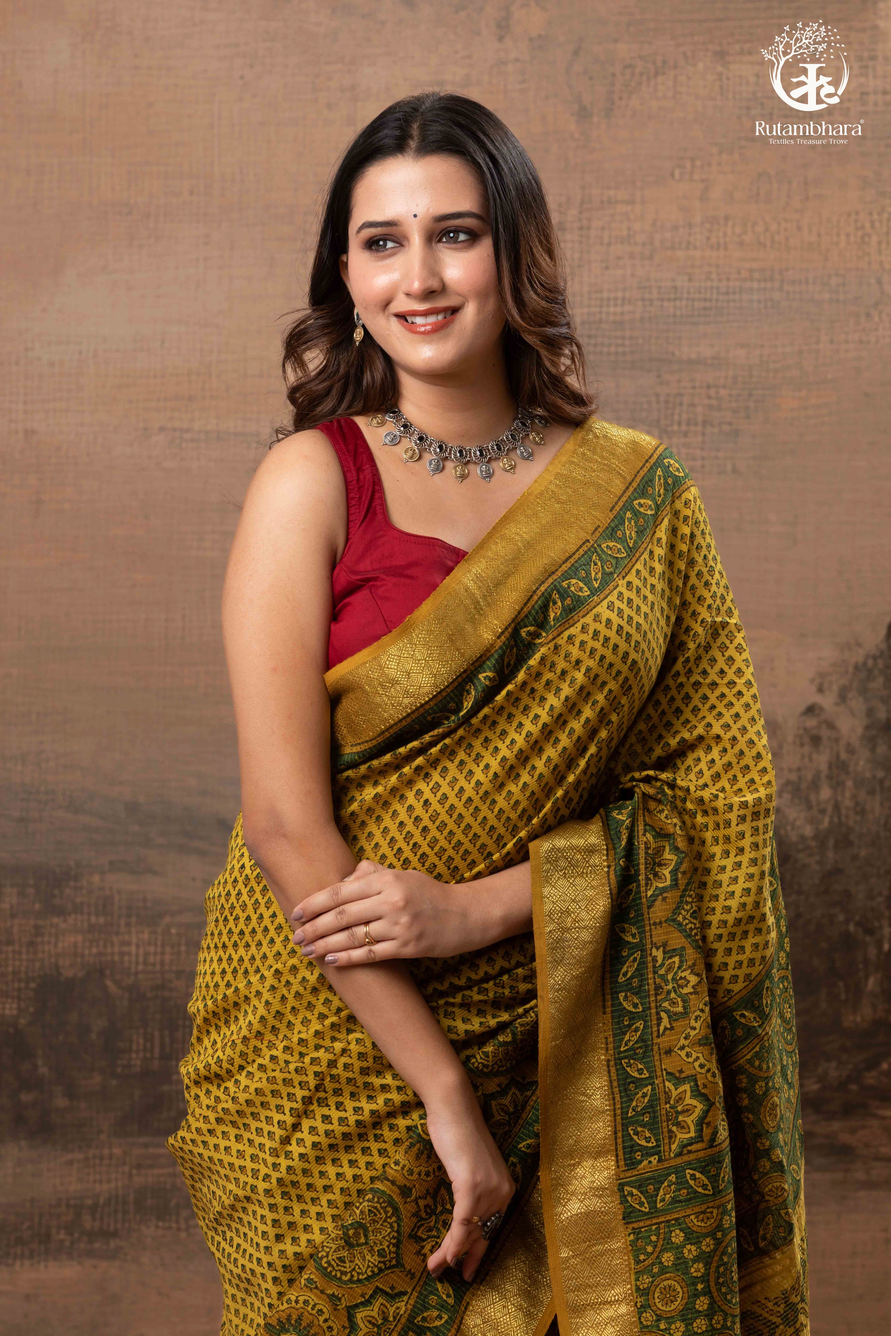 Ushraa - Mustard Gold Green Ajrakh HandBlock  Golden Zari Border Saree