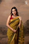 Ushraa - Mustard Gold Green Ajrakh HandBlock  Golden Zari Border Saree