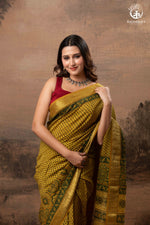 Ushraa - Mustard Gold Green Ajrakh HandBlock Golden Zari Border Saree-RUTAMBHARA-RUTAMBHARA