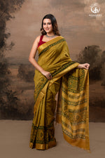 Ushraa - Mustard Gold Green Ajrakh HandBlock Golden Zari Border Saree-RUTAMBHARA-RUTAMBHARA
