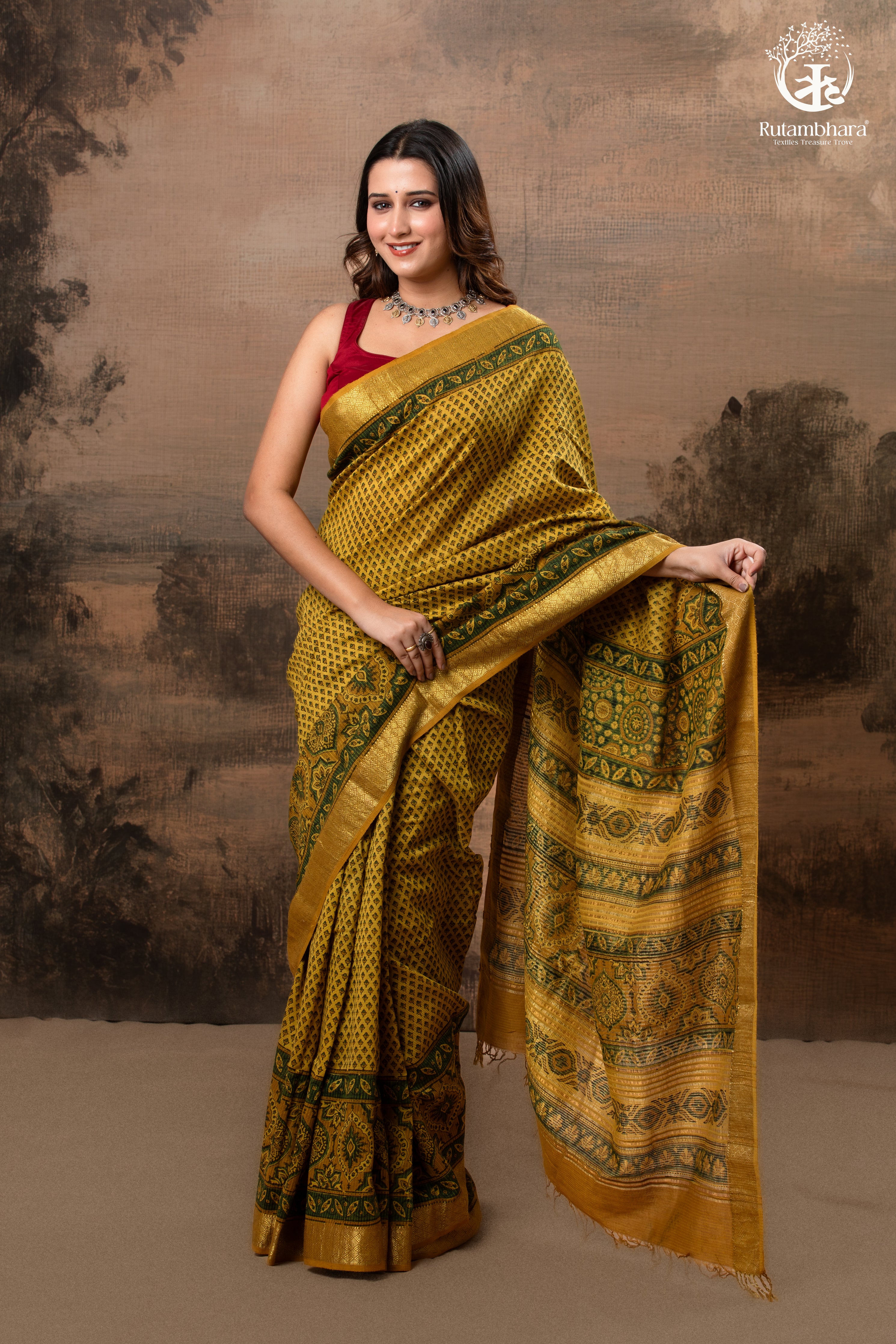 Ushraa - Mustard Gold Green Ajrakh HandBlock  Golden Zari Border Saree