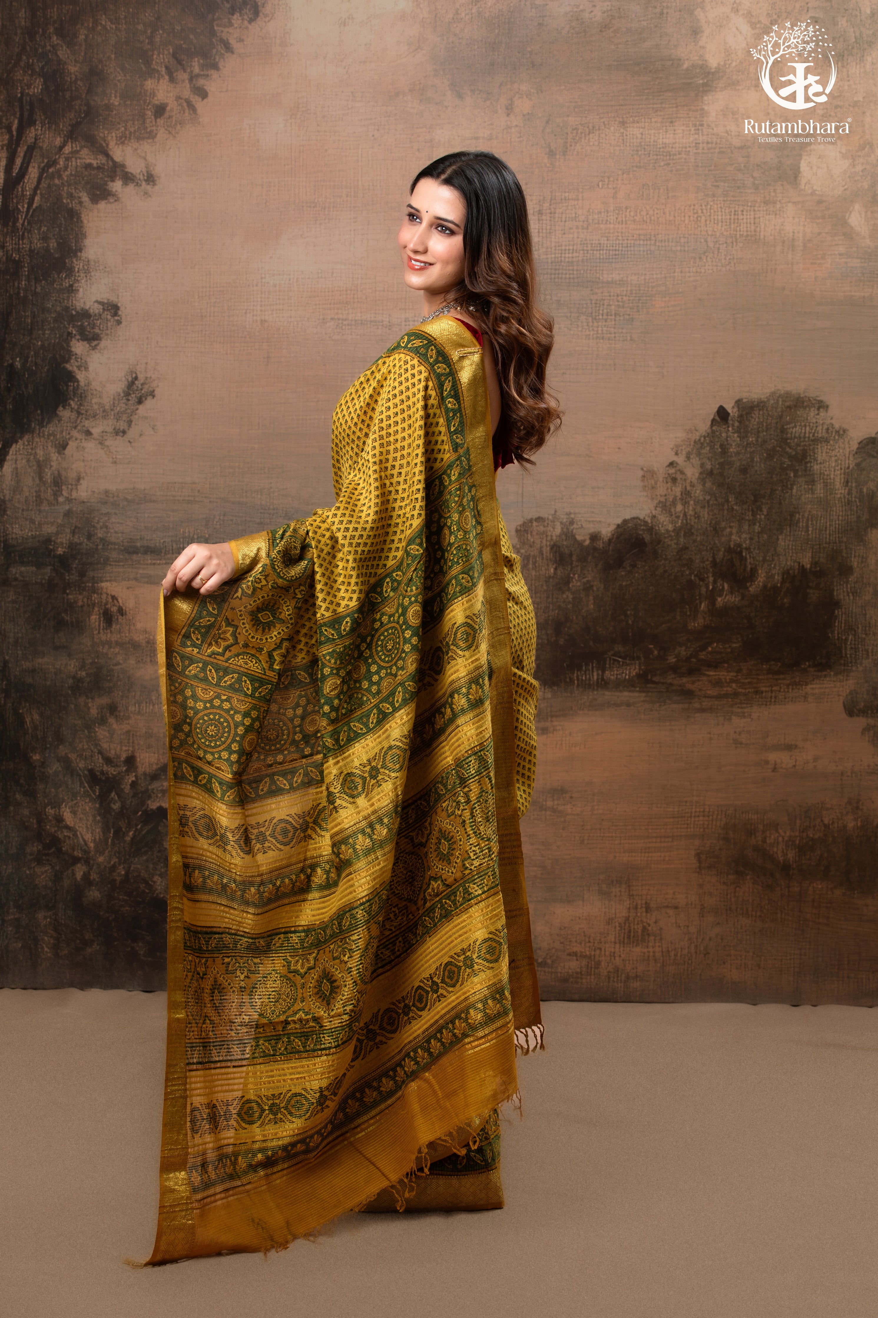 Ushraa - Mustard Gold Green Ajrakh HandBlock  Golden Zari Border Saree