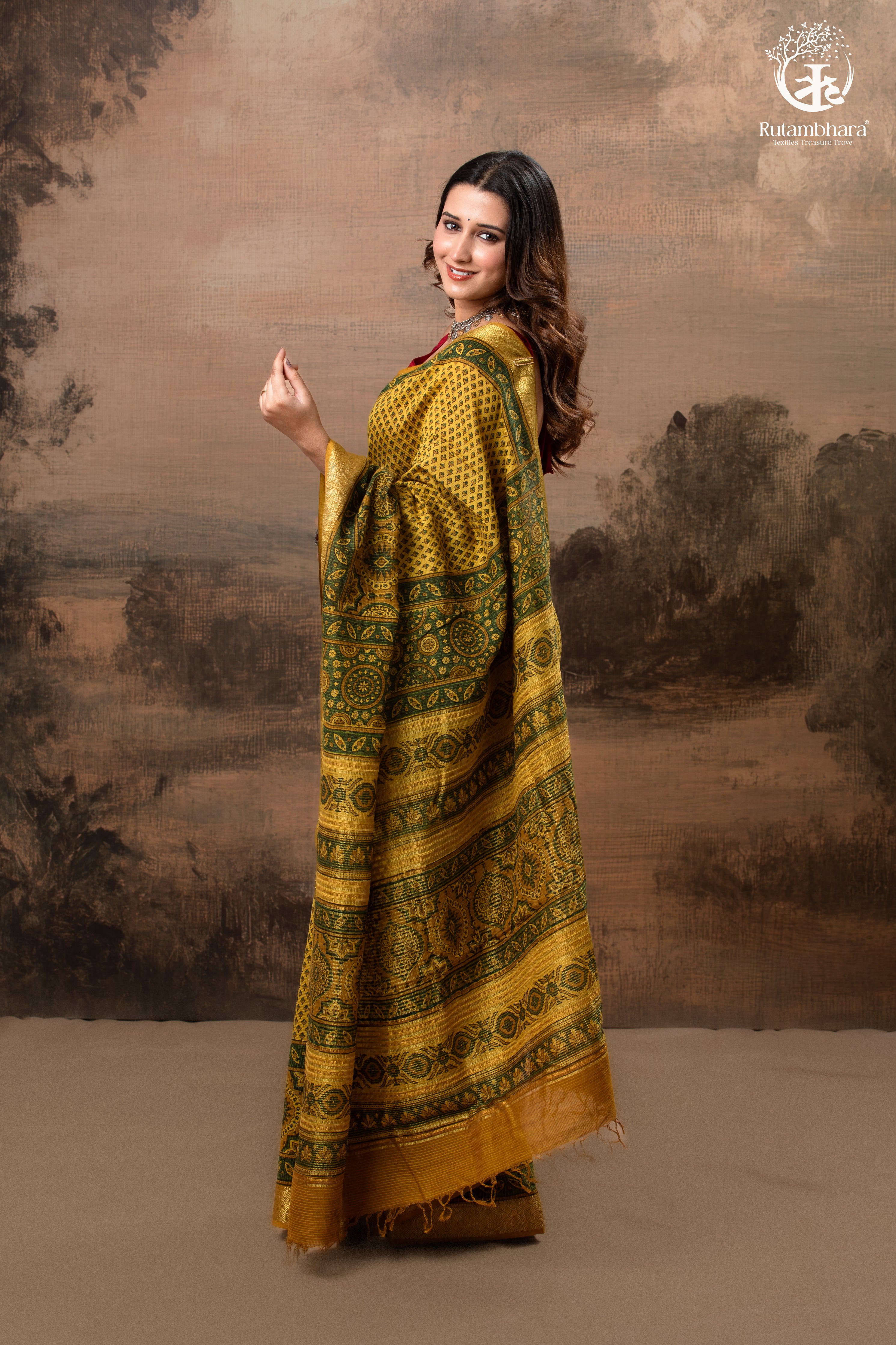 Ushraa - Mustard Gold Green Ajrakh HandBlock  Golden Zari Border Saree
