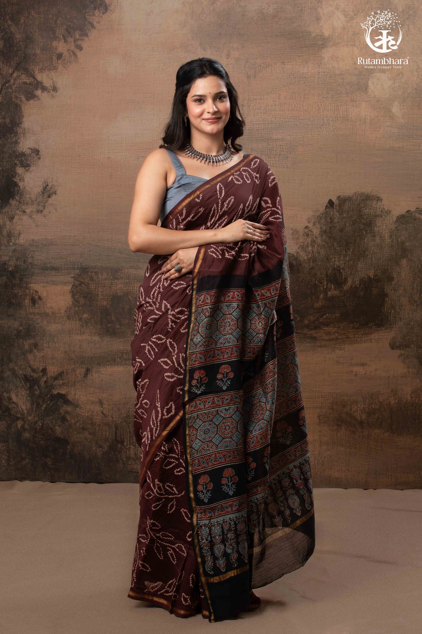 Ushraa – Chocolate Brown Ajrakh Saree with Handcrafted Bandhani Accents