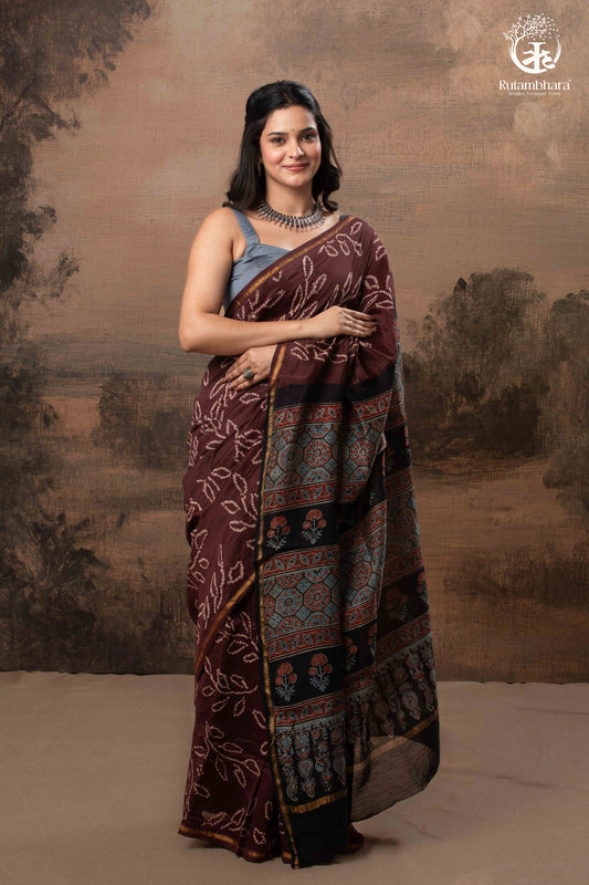 Ushraa – Chocolate Brown Ajrakh Saree with Handcrafted Bandhani Accents