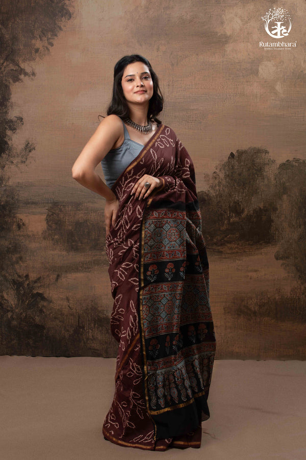 Ushraa – Chocolate Brown Ajrakh Saree with Handcrafted Bandhani Accents-RUTAMBHARA-RUTAMBHARA