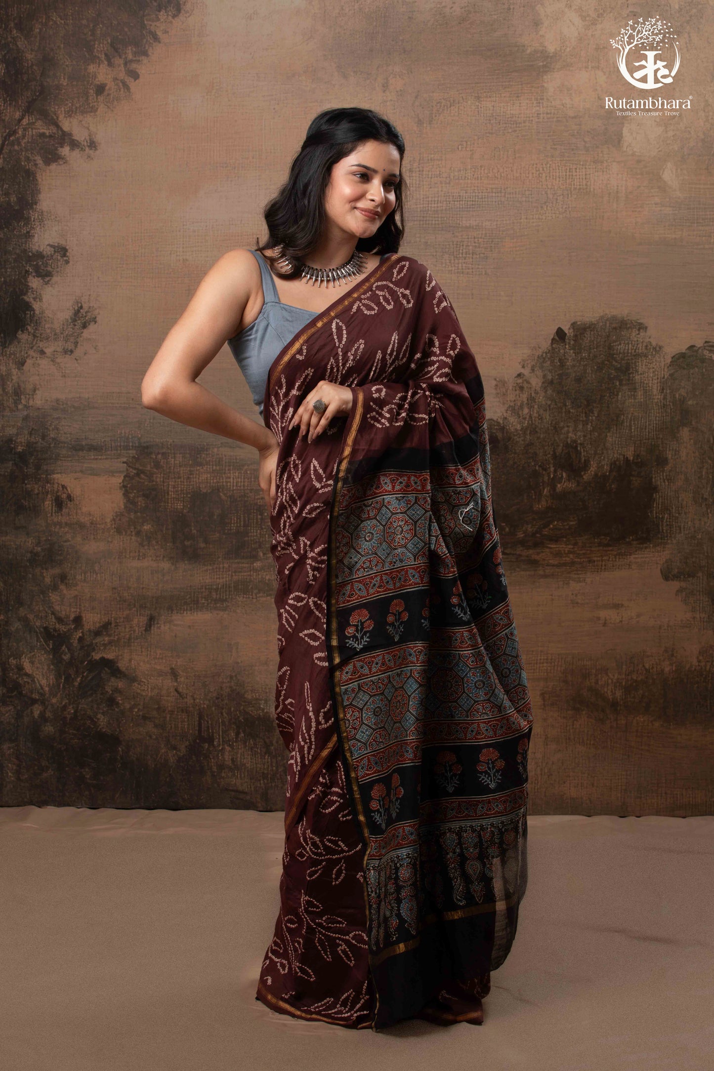 Ushraa – Chocolate Brown Ajrakh Saree with Handcrafted Bandhani Accents