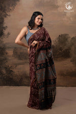 Ushraa – Chocolate Brown Ajrakh Saree with Handcrafted Bandhani Accents-RUTAMBHARA-RUTAMBHARA