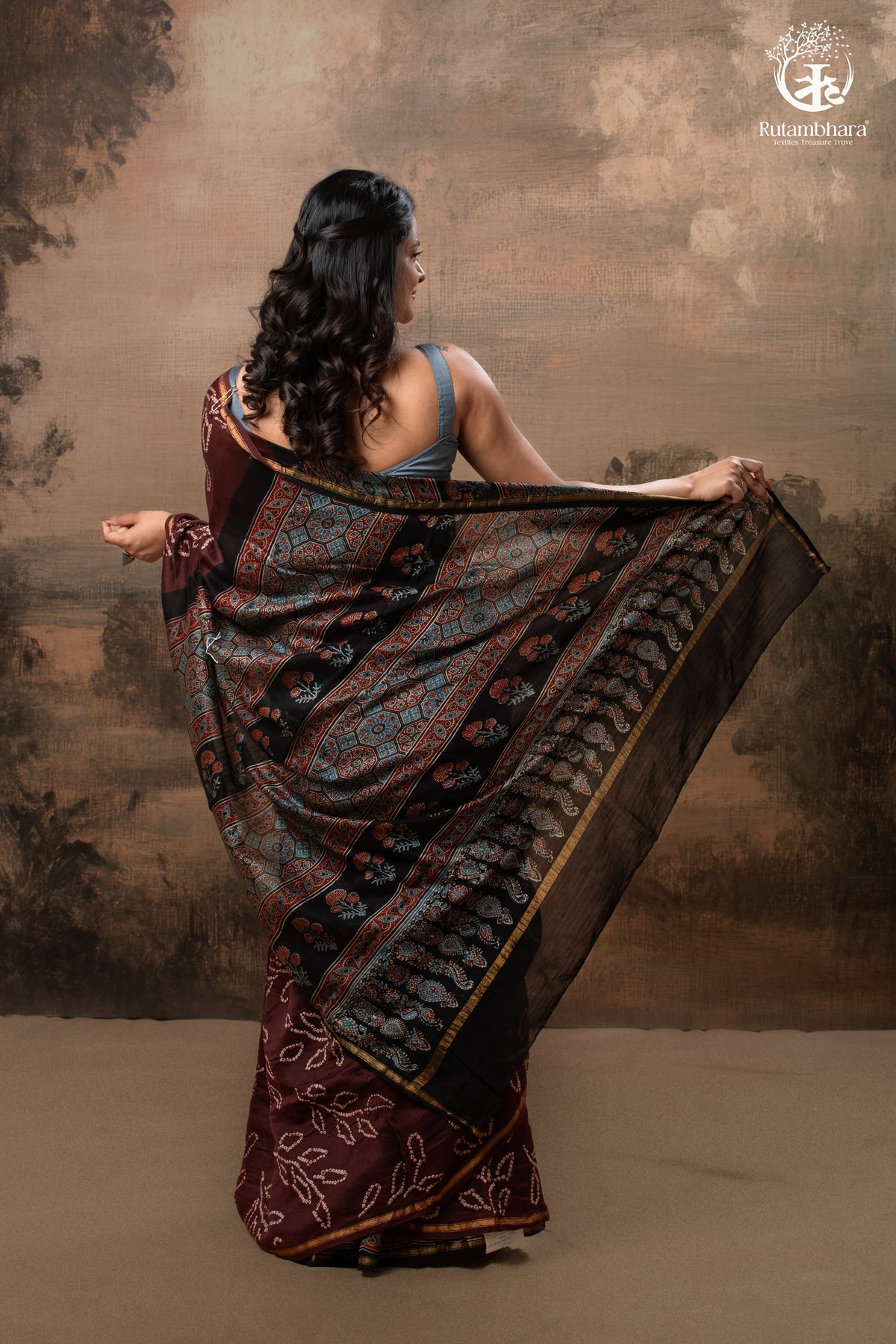 Ushraa – Chocolate Brown Ajrakh Saree with Handcrafted Bandhani Accents
