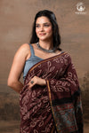 Ushraa – Chocolate Brown Ajrakh Saree with Handcrafted Bandhani Accents