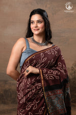 Ushraa – Chocolate Brown Ajrakh Saree with Handcrafted Bandhani Accents-RUTAMBHARA-RUTAMBHARA