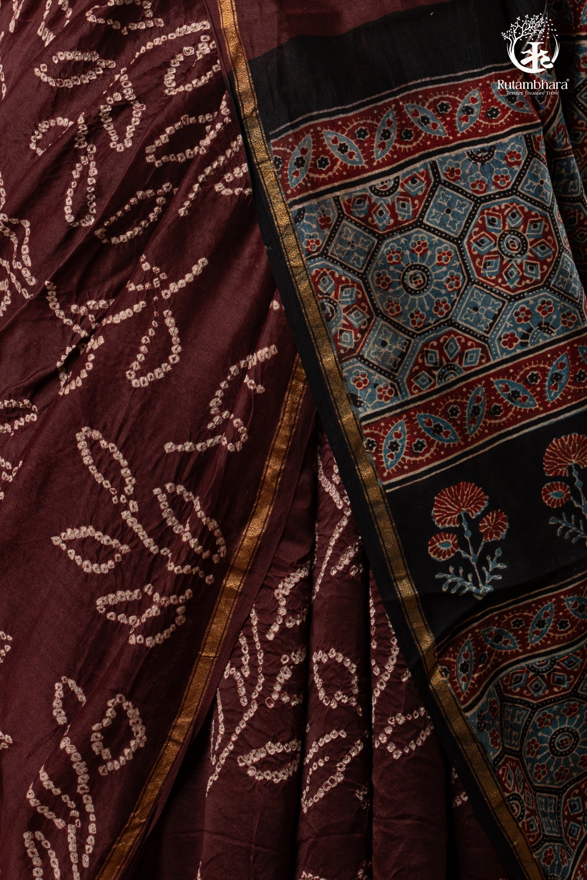 Ushraa – Chocolate Brown Ajrakh Saree with Handcrafted Bandhani Accents