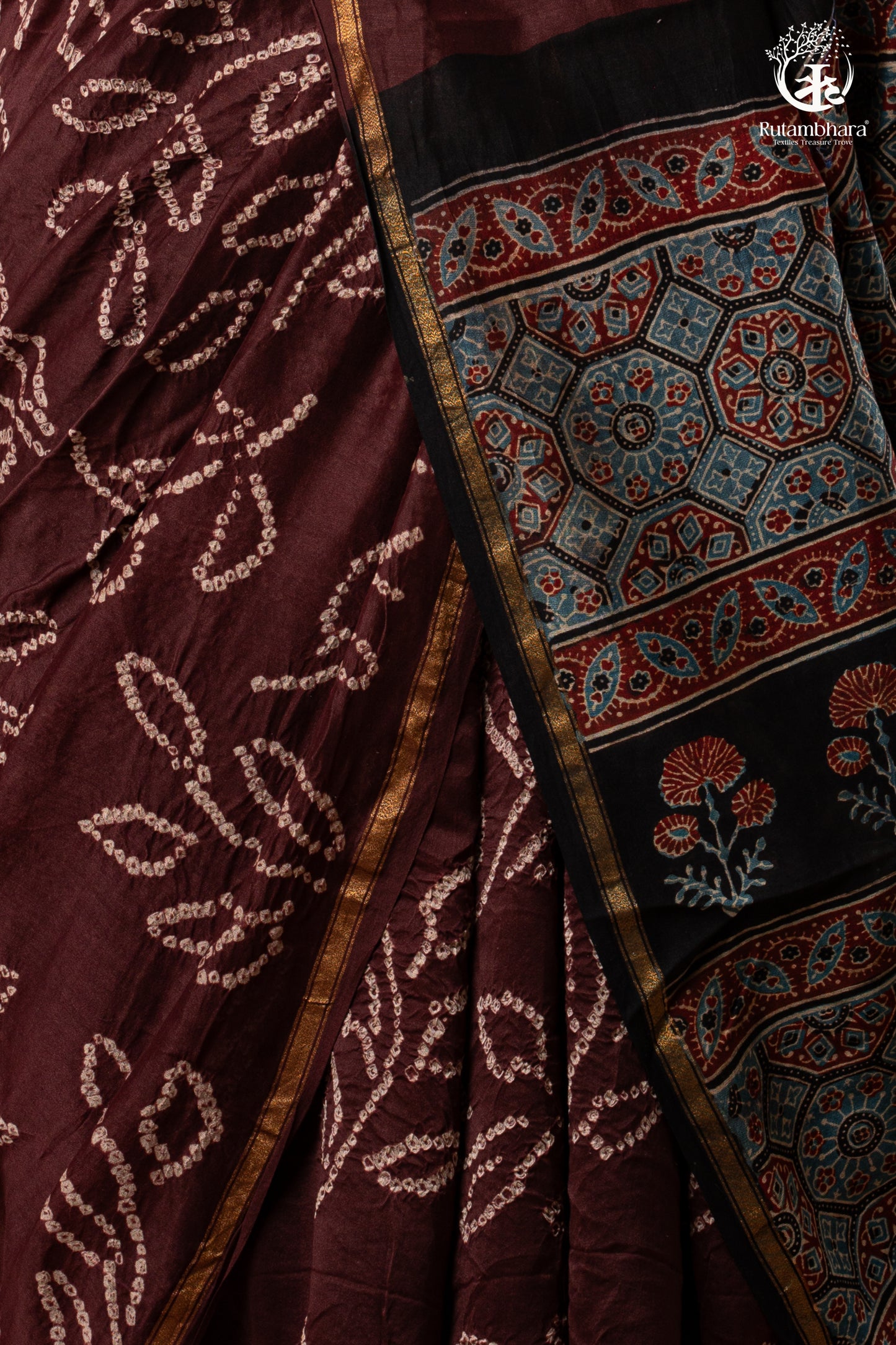 Ushraa – Chocolate Brown Ajrakh Saree with Handcrafted Bandhani Accents