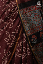 Ushraa – Chocolate Brown Ajrakh Saree with Handcrafted Bandhani Accents-RUTAMBHARA-RUTAMBHARA