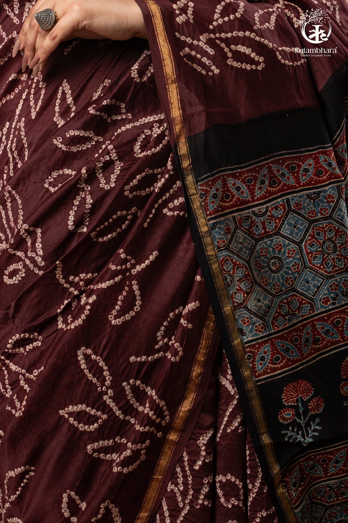 Ushraa – Chocolate Brown Ajrakh Saree with Handcrafted Bandhani Accents