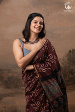 Ushraa – Chocolate Brown Ajrakh Saree with Handcrafted Bandhani Accents-RUTAMBHARA-RUTAMBHARA