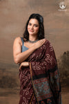 Ushraa – Chocolate Brown Ajrakh Saree with Handcrafted Bandhani Accents