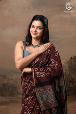 Ushraa – Chocolate Brown Ajrakh Saree with Handcrafted Bandhani Accents-RUTAMBHARA-RUTAMBHARA