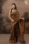 Ushraa - Burnt Ochre Ajrakh  Cotton Silk Saree With Gold Zari Border