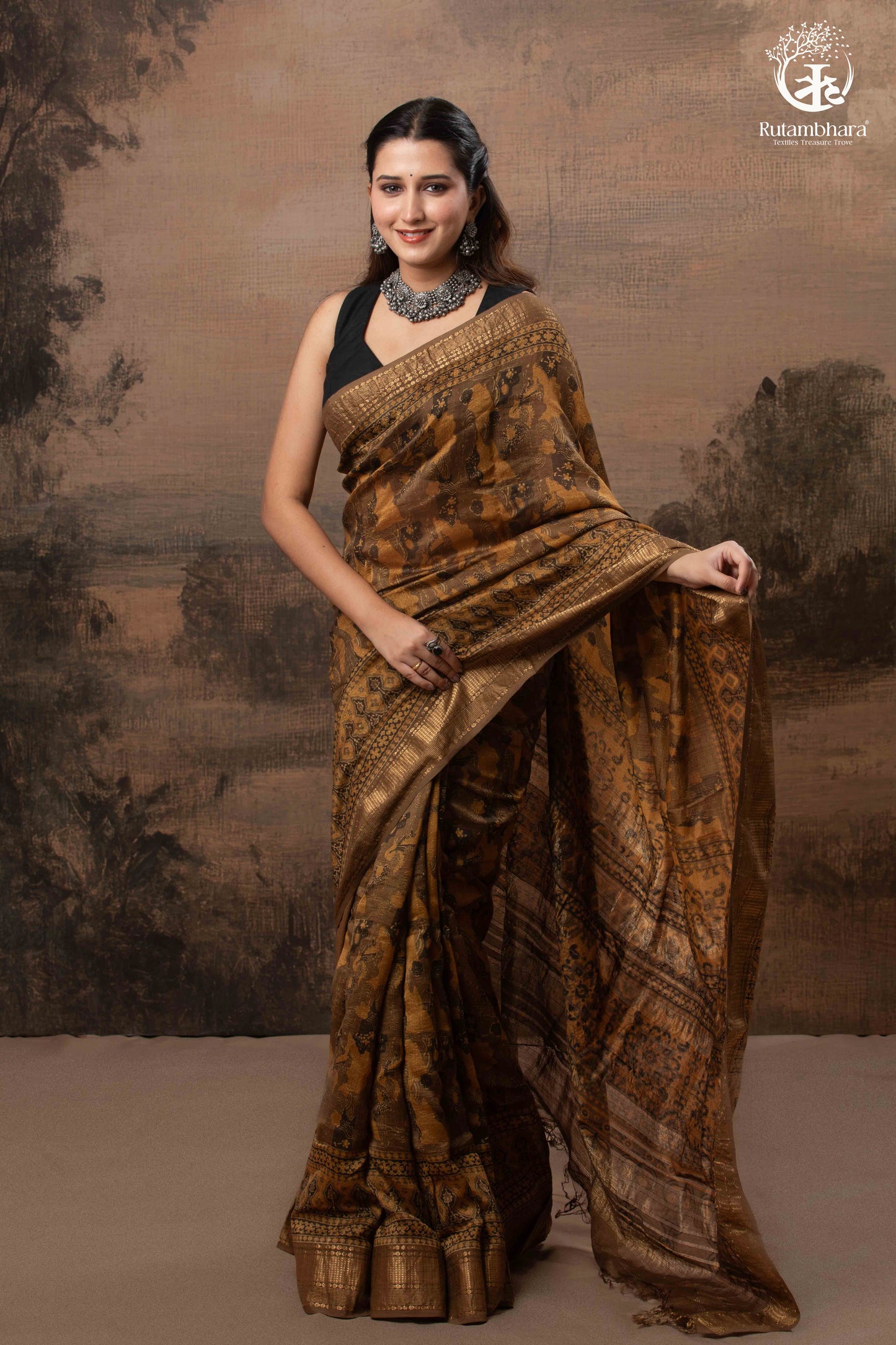 Ushraa - Burnt Ochre Ajrakh  Cotton Silk Saree With Gold Zari Border