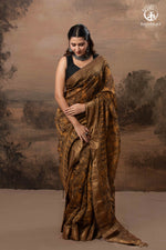 Ushraa - Burnt Ochre Ajrakh Cotton Silk Saree With Gold Zari Border-RUTAMBHARA-RUTAMBHARA