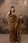 Ushraa - Burnt Ochre Ajrakh  Cotton Silk Saree With Gold Zari Border